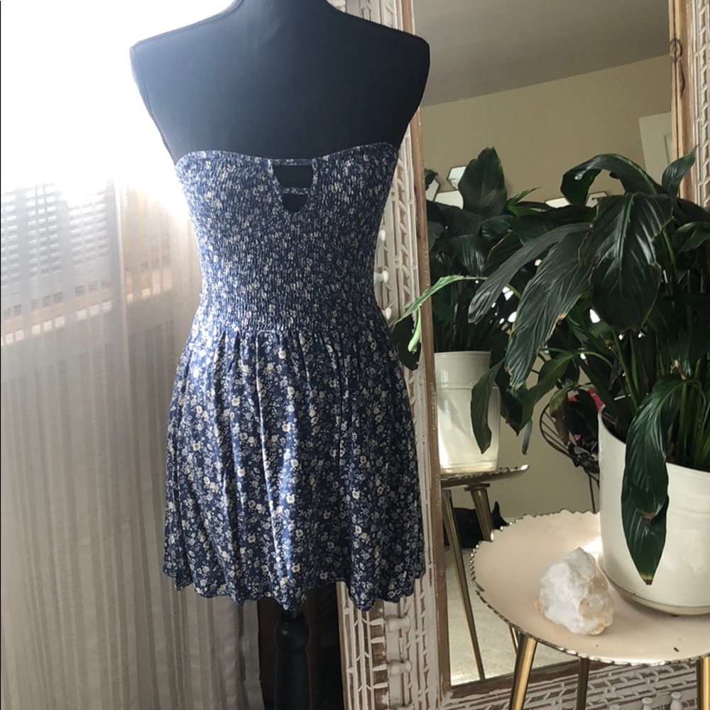 Blue floral strapless scrunch top sundress